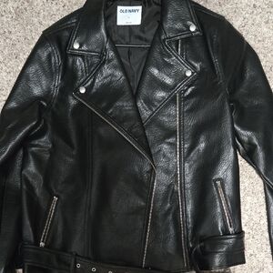 Old Navy Women's Sleek Faux Black Leather Belted Jacket